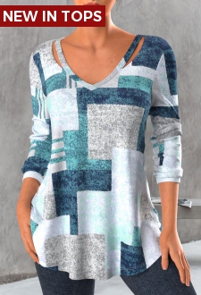 V Neck Blue Cut Out Geometric Print T Shirt