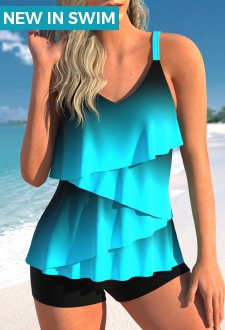 Layered Hem Ombre Cyan Tankini Top