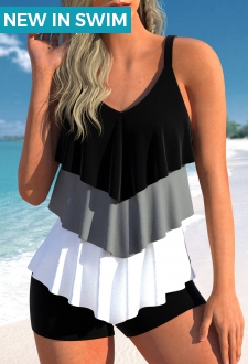 Handkerchief Hem Black Contrast Tankini Top