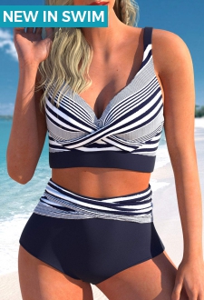 Criss Cross Striped Navy Bikini Top