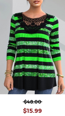 Lace Patchwork Striped Patricks Day Black T Shirt