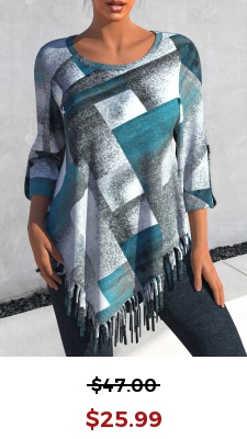 Dusty Blue Tassel Plaid Long Sleeve Blouse