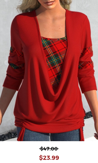 Red Drawstring Plaid Long Sleeve Square Neck Sweatshirt