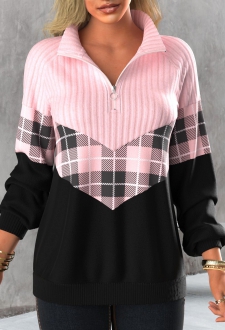 Light Pink Zipper Tartan Print Long Sleeve Sweatshirt