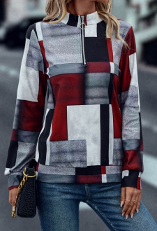 Deep Red Zipper Geometric Print Long Sleeve Sweatshirt