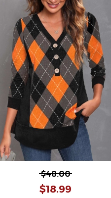 Halloween Plaid Black Decorative Button V Neck T Shirt
