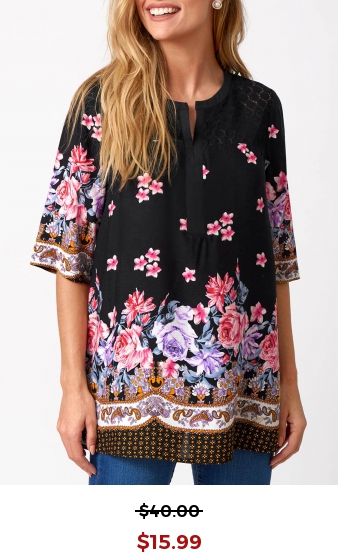 Split Neck Floral Print Lace Stitching Blouse