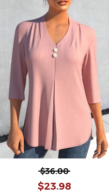 Pink 3/4 Sleeve V Neck Button Detail Blouse