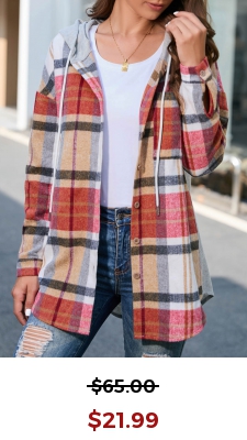Multi Color Button Plaid Long Sleeve Hooded Coat