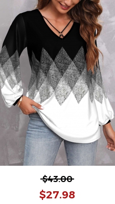 Black Metal Ring Geometric Print Long Sleeve Blouse
