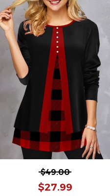 Red Fake 2in1 Plaid Long Sleeve Sweatshirt