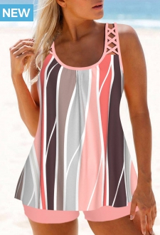 Criss Cross Geometric Print Pink Tankini Top