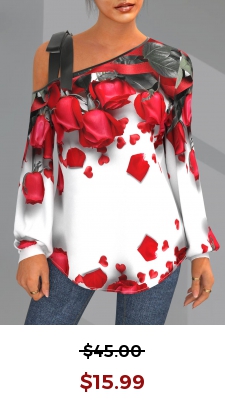 Valentines Skew Neck White Rose Print T Shirt
