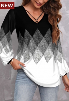 Black Metal Ring Geometric Print Long Sleeve Blouse