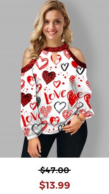Cold Shoulder Heart Print Keyhole Neckline T Shirt