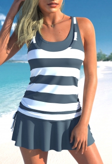 Fake 2in1 Striped Dark Grey Tankini Top
