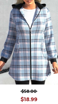 Light Blue Zipper Plaid Long Sleeve Hooded Jacket