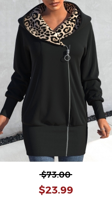 Black Zipper Leopard Long Sleeve Hooded Coat