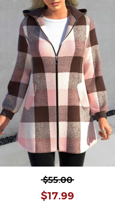 Pink Zipper Tartan Print Long Sleeve Hooded Jacket