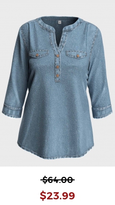 Split Neck 3/4 Sleeve Denim Blue Blouse