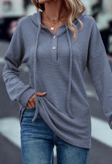 Dusty Blue Drawstring Long Sleeve Hoodie