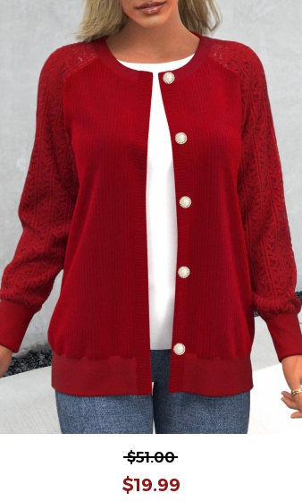 Red Lace Panel Button Up Round Neck Cardigan