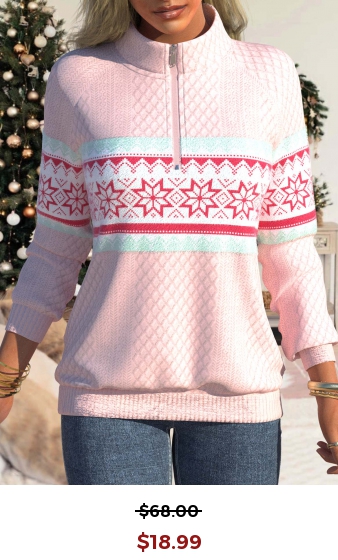 Light Pink Zipper Snowflake Print Long Sleeve Sweatshirt