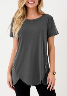 Asymmetric Hem Dark Grey Decorative Button T Shirt