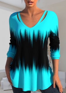 Cyan Cut Out Ombre Long Sleeve T Shirt