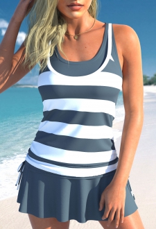 Fake 2in1 Striped Dark Grey Tankini Top