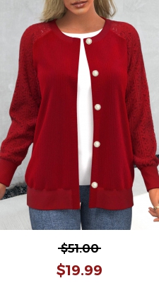 Red Lace Panel Button Up Round Neck Cardigan