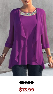 Purple Embellished Neck 3/4 Sleeve T Shirt