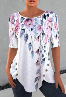 Decorative Button Floral Print Petal Hem T Shirt