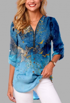 Quarter Zip Scape Print Blue Blouse
