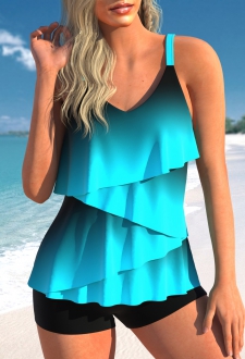 Layered Hem Ombre Cyan Tankini Top