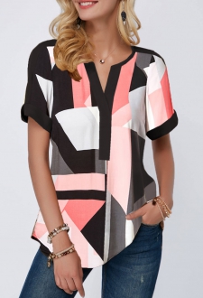 Geometric Print Split Neck Short Sleeve Blouse