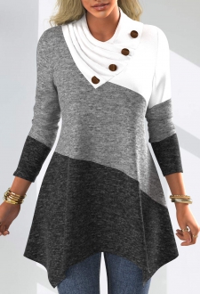 Decorative Button Patchwork Long Sleeve Asymmetrical Neck Sweatshirt