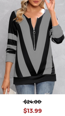 Grey Zipper Contrast Color Long Sleeve T Shirt