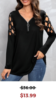 Black Zipper Long Sleeve V Neck T Shirt