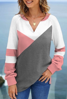 Pink Patchwork Long Sleeve V Neck Sweatshirt