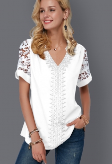 Lace Panel Split Neck Short Sleeve Blouse
