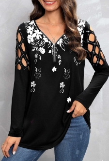 Black Zipper Floral Print Long Sleeve T Shirt
