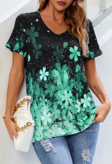 Floral Print Short Sleeve Green T Shirt