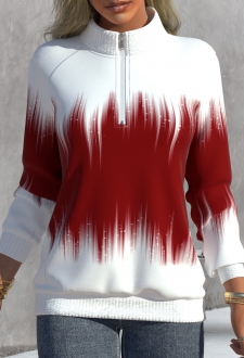 Red Zipper Ombre Long Sleeve High Neck Sweatshirt
