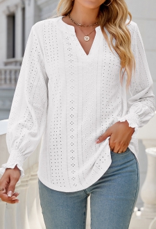 White Breathable Long Sleeve Split Neck Blouse