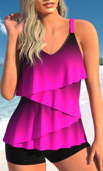 Asymmetry Ombre Neon Rose Red Tankini Top