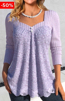 Light Purple Lace Long Sleeve Heart Collar T Shirt