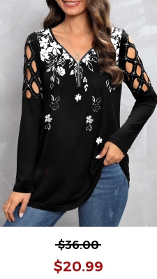 Black Zipper Floral Print Long Sleeve T Shirt