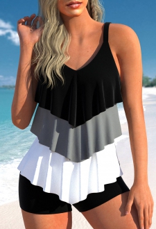 Handkerchief Hem Black Contrast Tankini Top