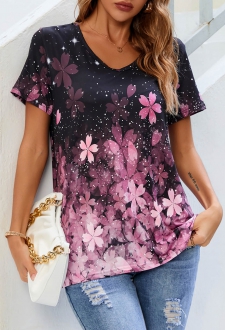 Floral Print Pink V Neck T Shirt